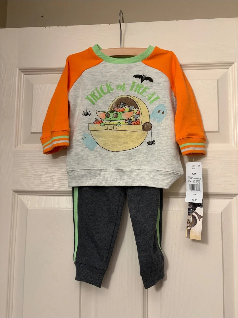 Baby Yoda Halloween Sweatshirt & Jogger Set - Orange, Gray, Green 12mo